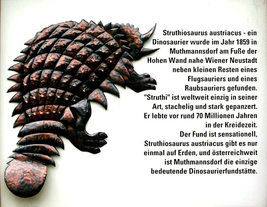 Egy páncélos dinoszaurusz reliefje a Struthiosaurus austriacusról szóló szöveggel.