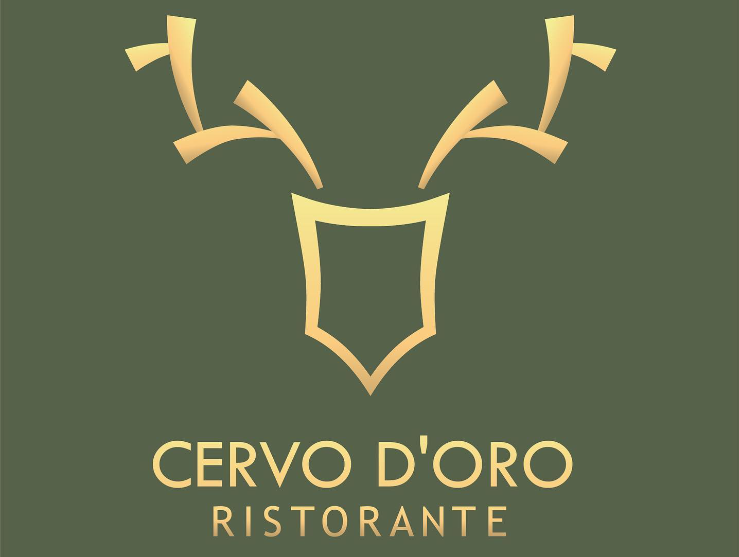 Cervo D'oro étterem logója arany szarvasaganccsal és betűkkel zöld háttéren.