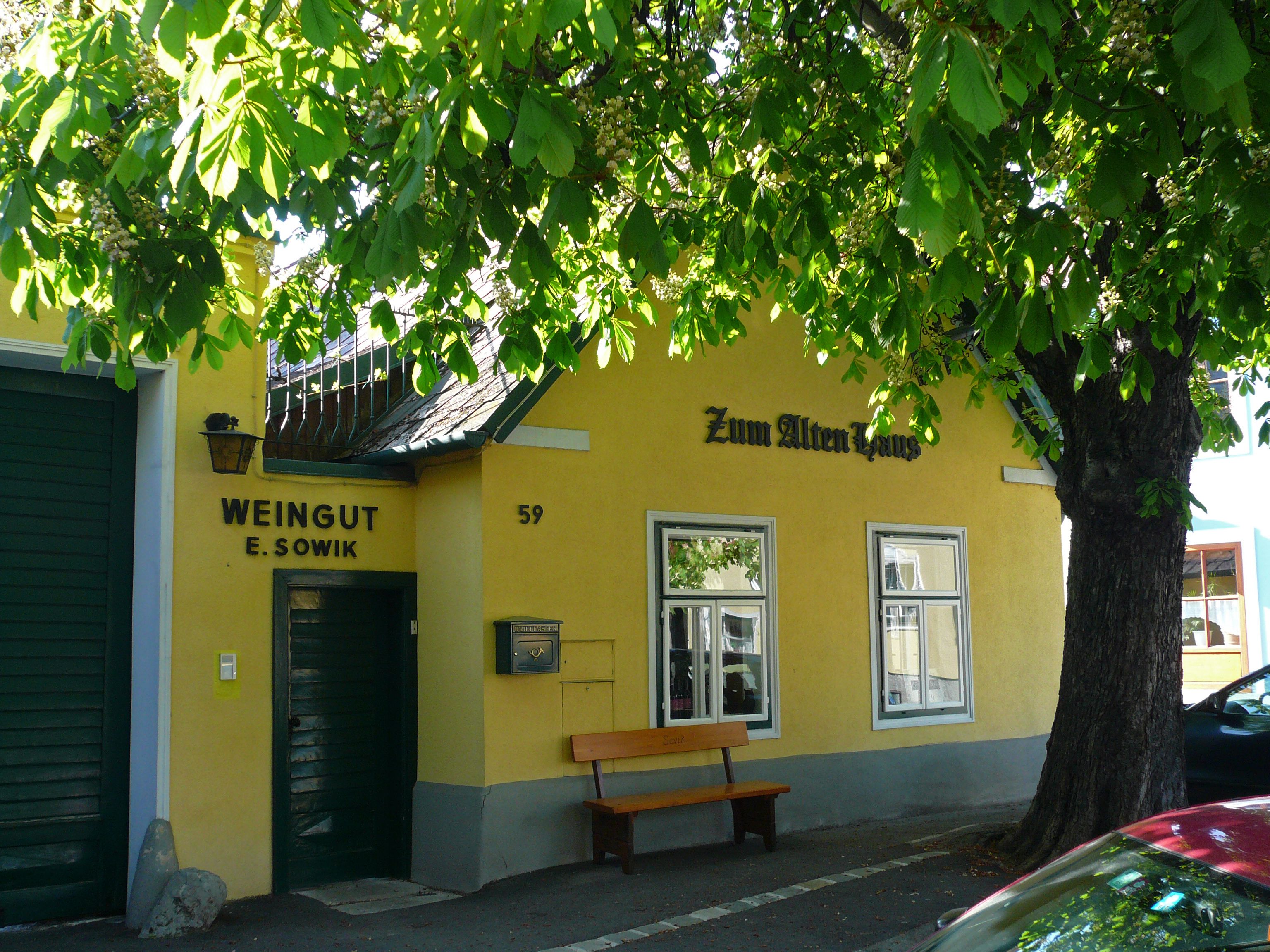 "Zum Alten Haus" és "Weingut E. Sowik" feliratú sárga épület, zöld fákkal körülvéve.