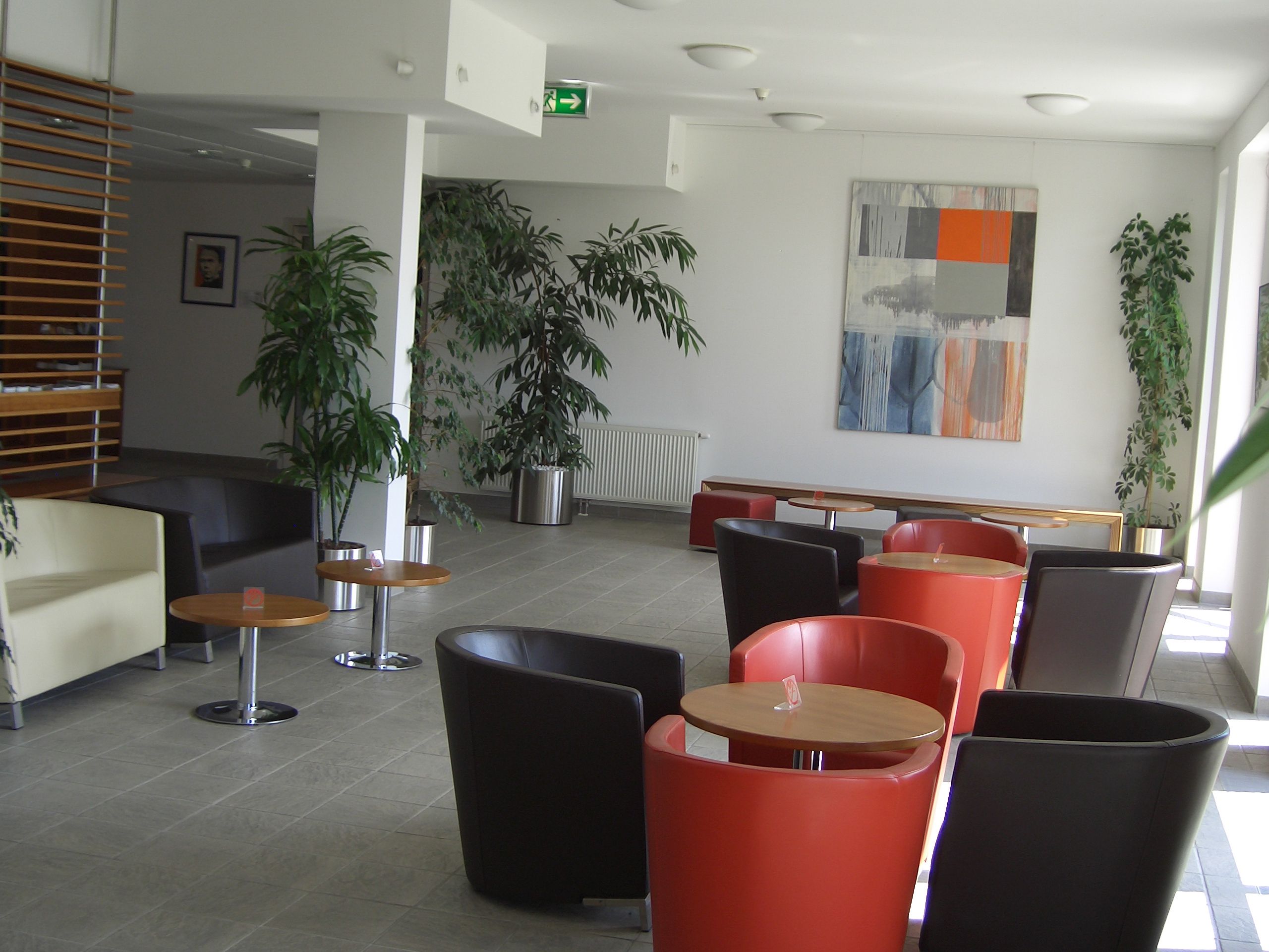 Modern társalgó színes fotelekkel és növényekkel.