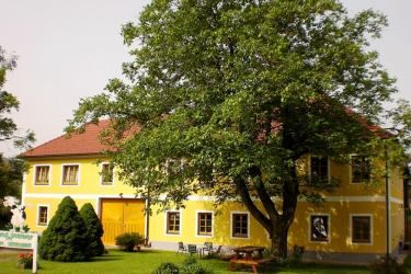 Sárga épület piros tetővel és nagy fával az előtérben.