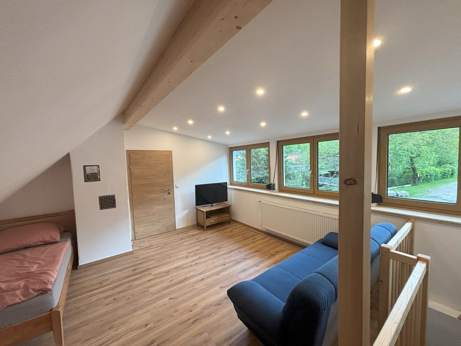 Nyitott terű szoba, fa padlóval, ággyal, kanapéval és TV-vel, nagy ablakokkal, kilátással a vidékre.