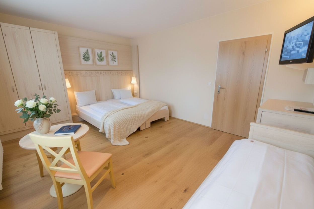 Világos szállodai szoba két ággyal, asztallal és székkel, valamint egy TV-vel a falon.