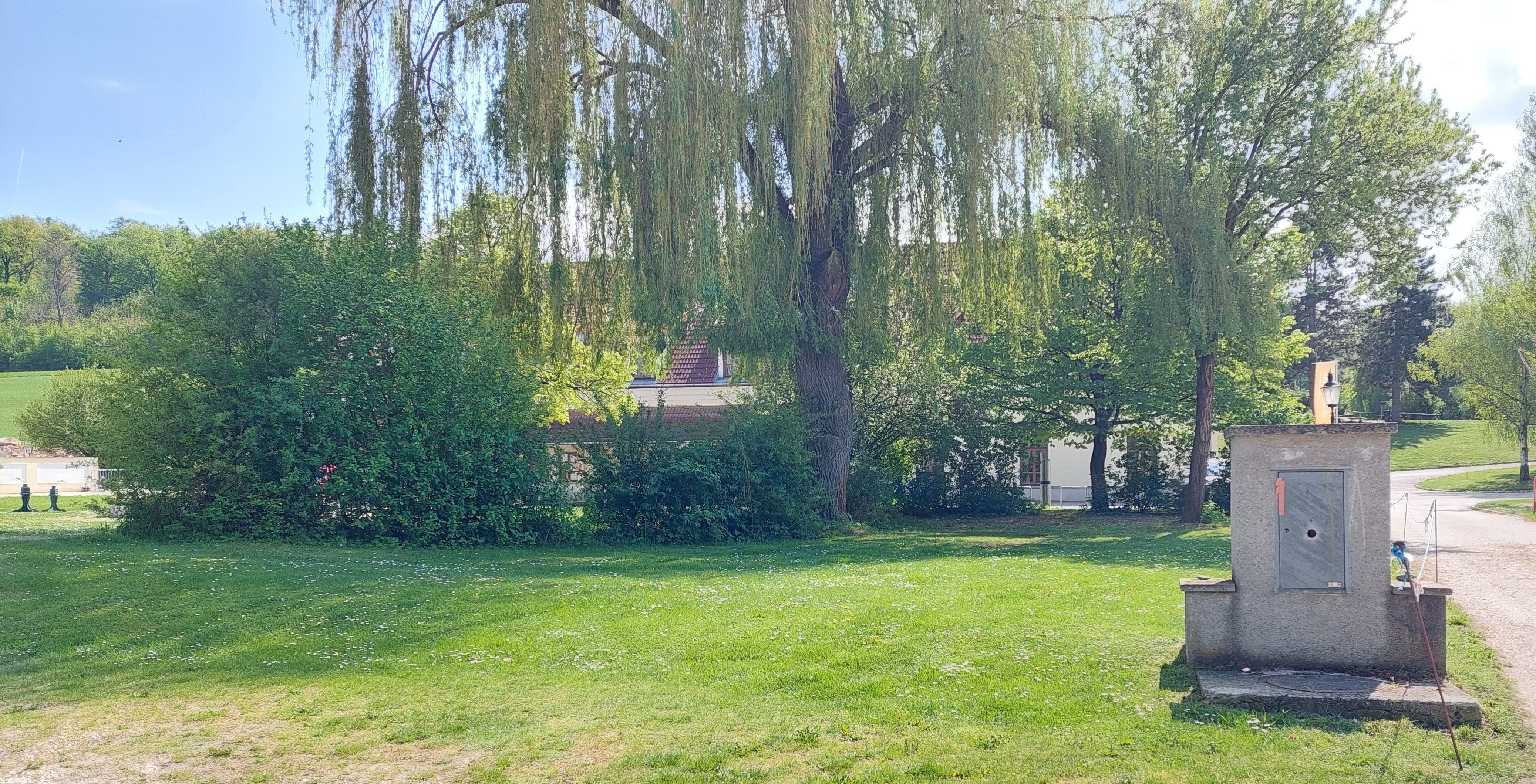 Zöld rét fákkal és egy kis épülettel a háttérben.