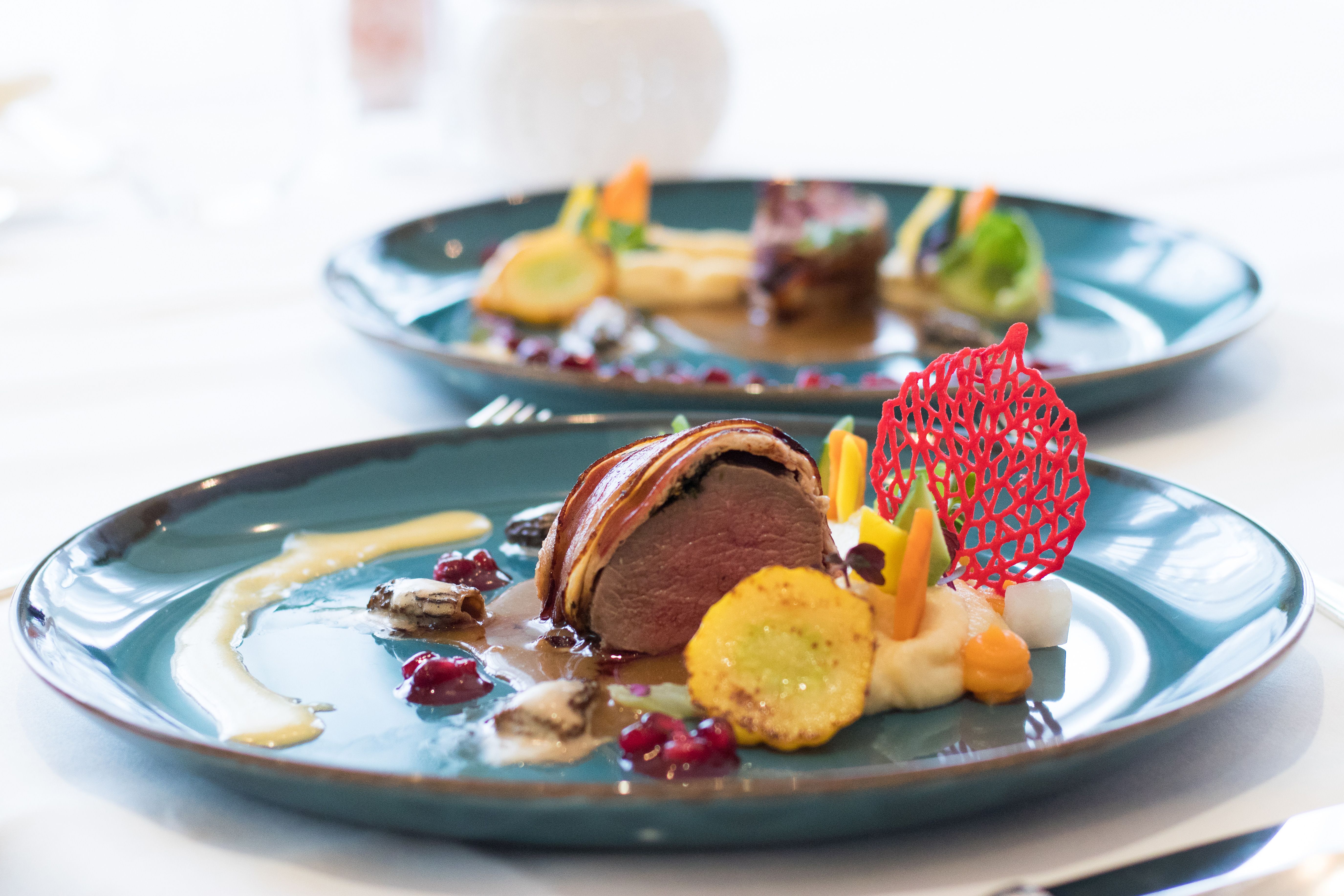 Kék tányéron, zöldségekkel és piros hálós körettel díszített, művészien elkészített tál őzgerincből.