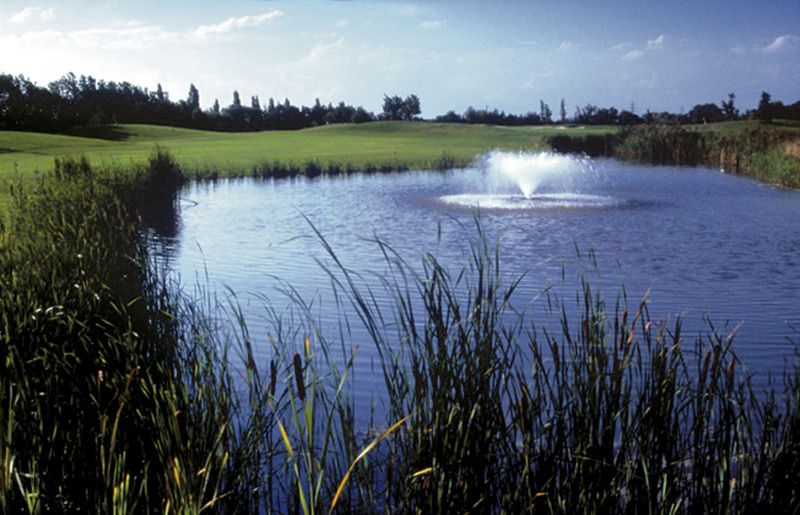 Egy golfpálya tóval és szökőkúttal, füvekkel és fákkal körülvéve.