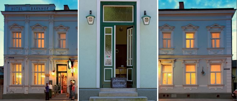 Háromrészes kép egy történelmi épületről a "Hotel Bahnhof" felirattal.