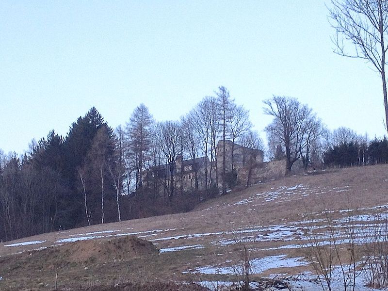 Thomasberg várának romjai egy dombon, fákkal körülvéve.
