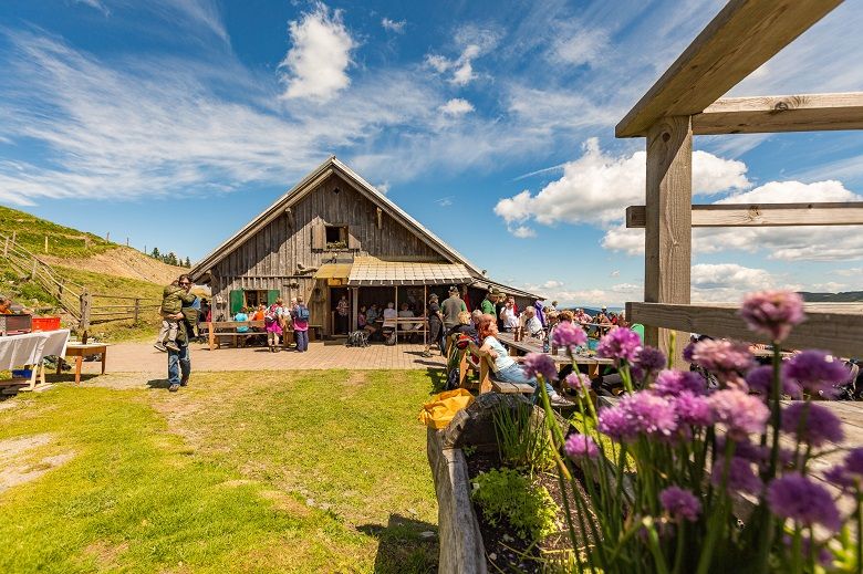 Egy alpesi hütte, kint ülnek az emberek, virágokkal és rétekkel körülvéve, kék ég alatt.