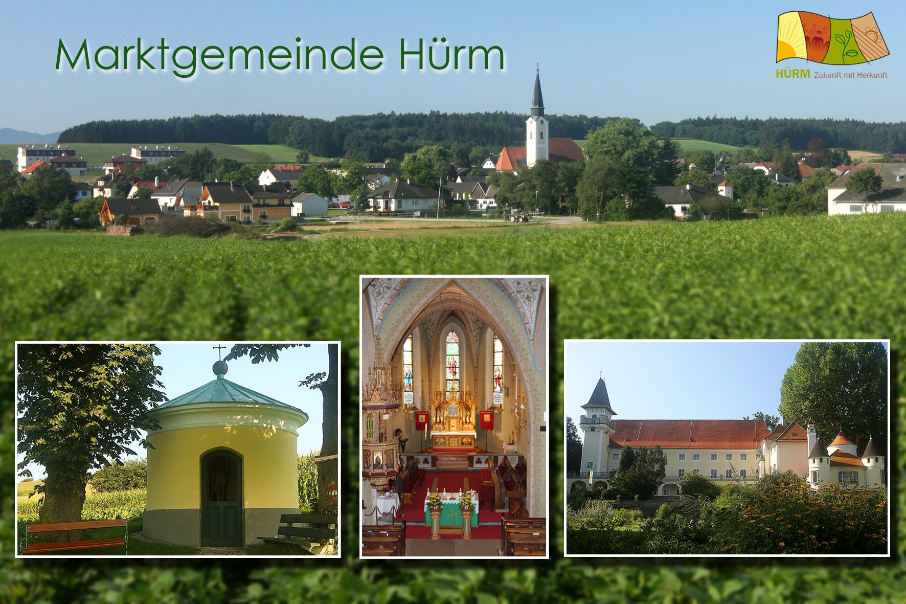 Panoráma Hürm városáról, a templomról és a tájról, három részletes képpel a kápolnáról, a templom belsejéről és a várról.