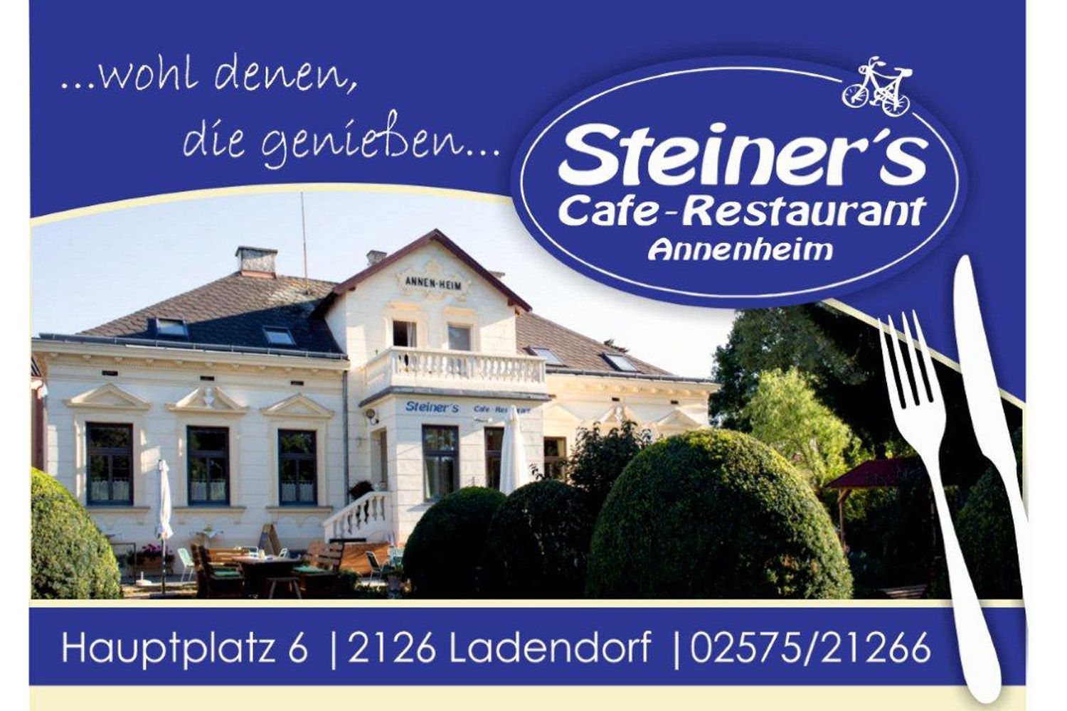 Steiner's Cafe-Restaurant Annenheim hirdetése az épület képével és címével.