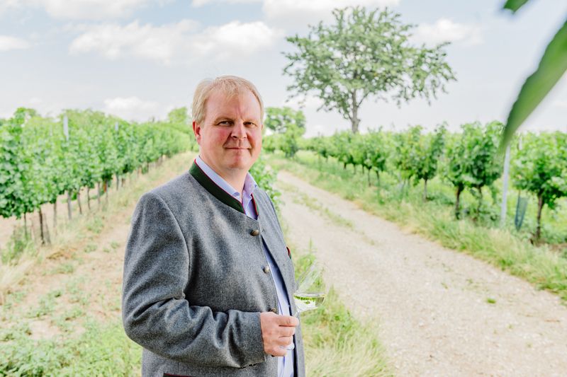 Hagyományos öltözetű férfi borospohárral a szőlőben.