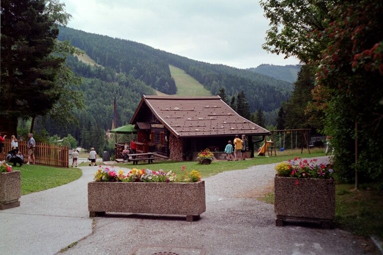 Hegyi kunyhó zöld, erdős tájban, virágokkal az előtérben.
