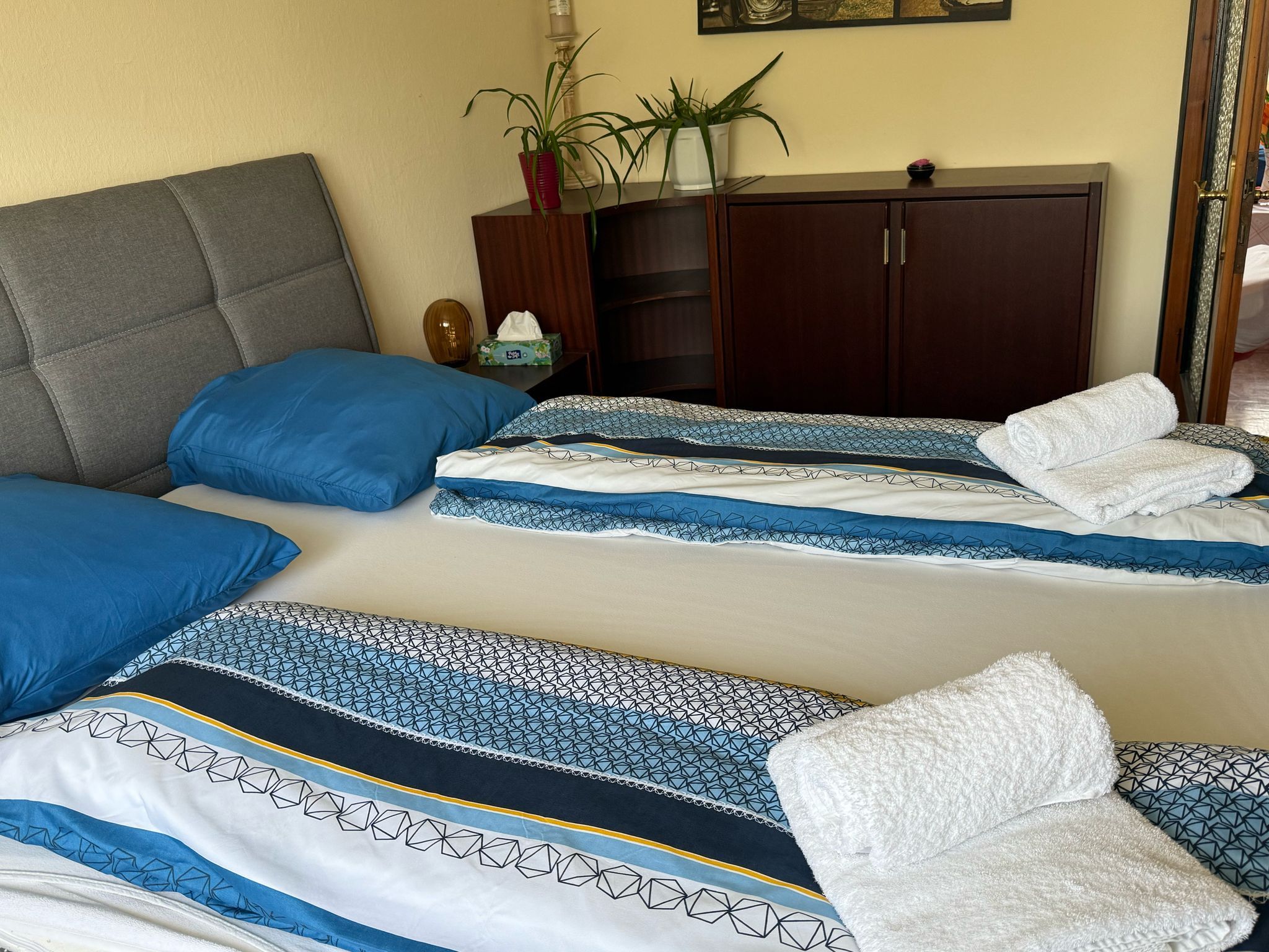 Hangulatos hálószoba franciaággyal, kék ágyneművel és összehajtogatott törölközőkkel. A háttérben szekrény, növényekkel.