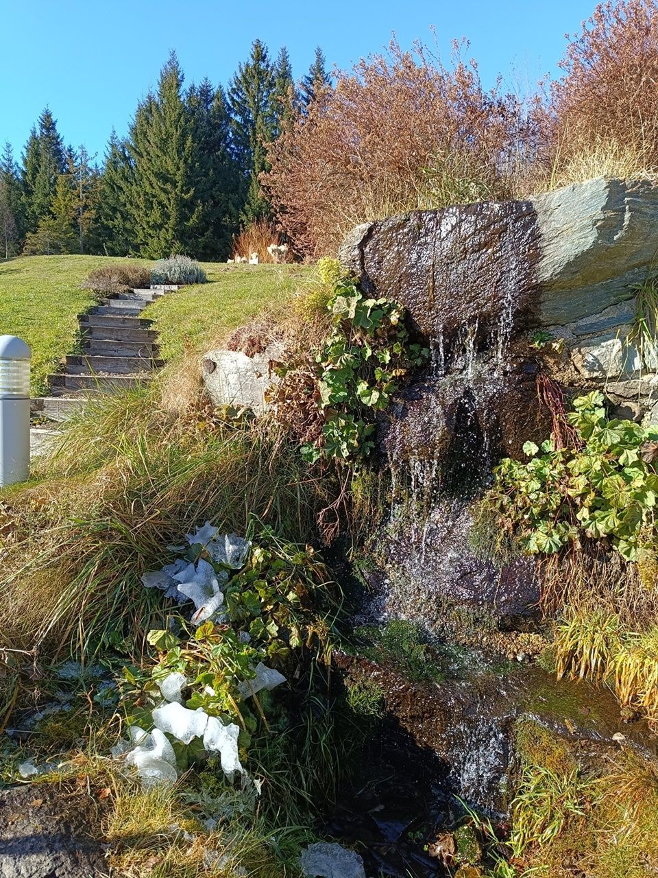 Kis vízesés egy őszi tájban, fákkal és kék éggel.