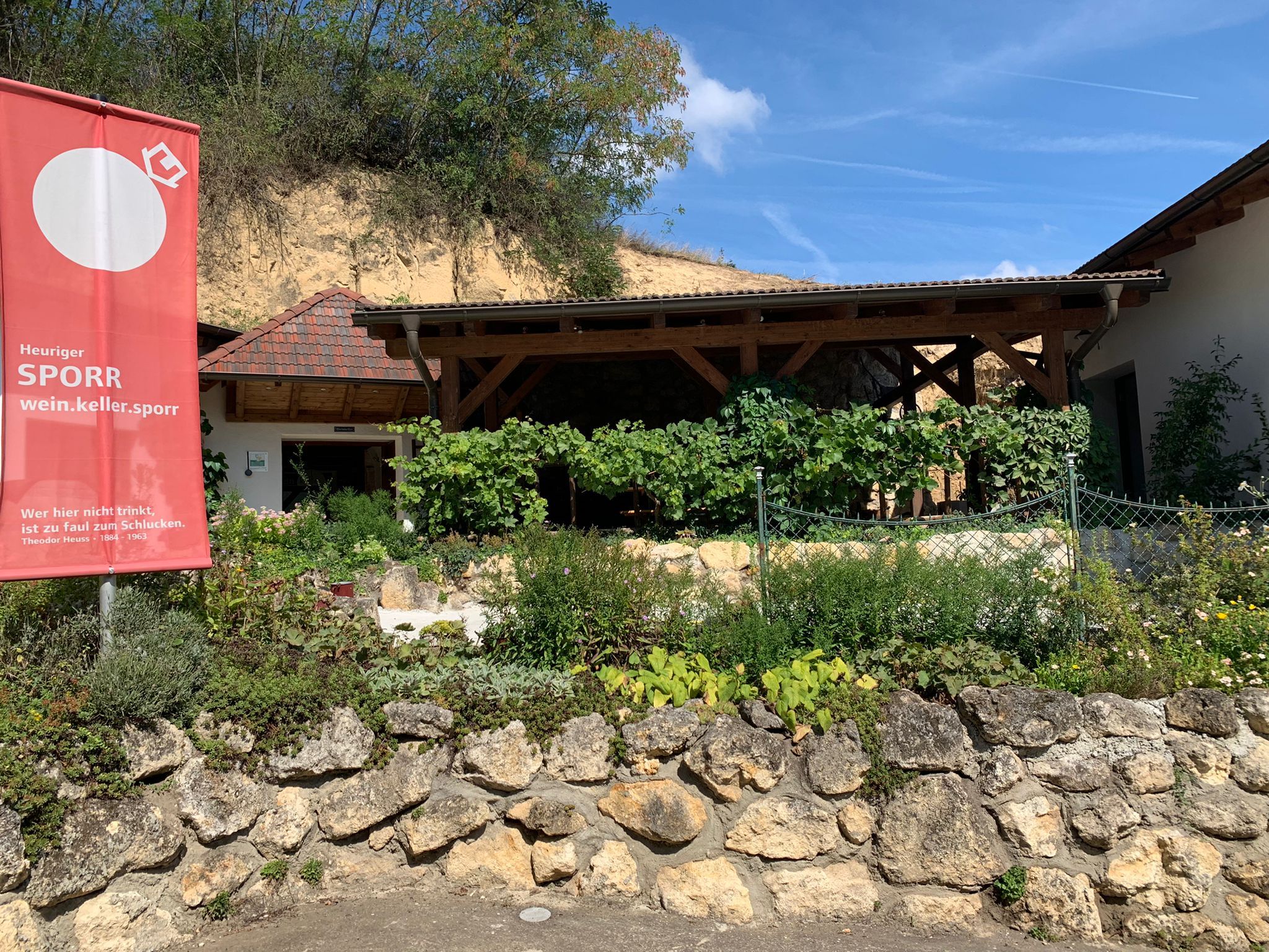 Hagyományos borozó külső nézete kerttel és reklámtáblával.