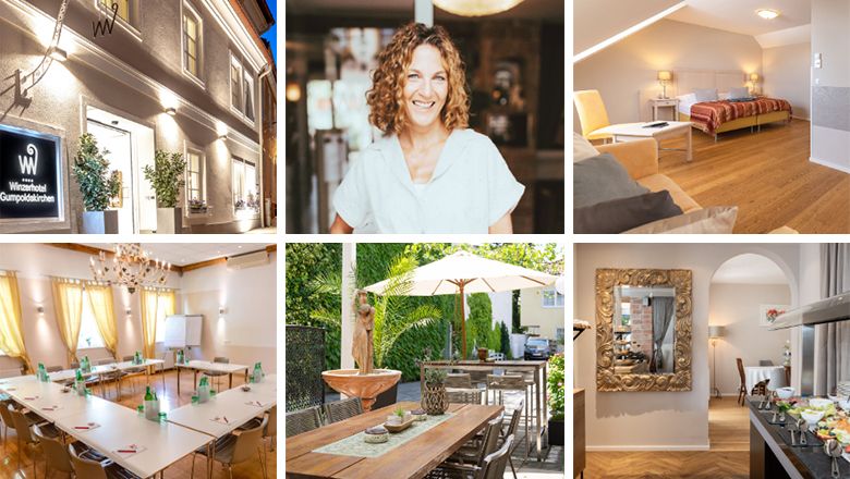 Szállodai képek kollázsa: szoba, konferenciaterem, terasz, svédasztalos reggeli.