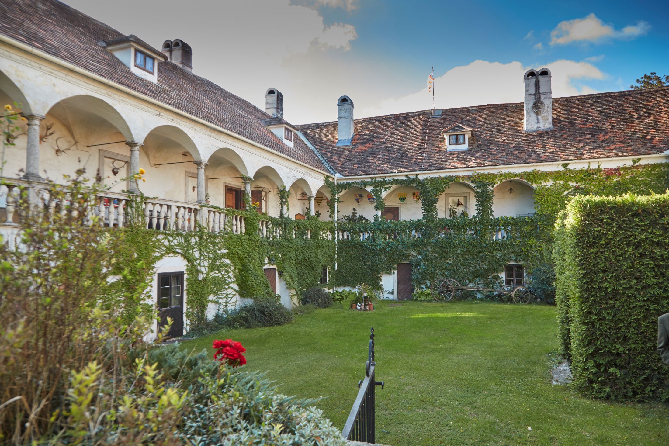 Egy történelmi kastély belső udvara árkádokkal és borostyánnal.