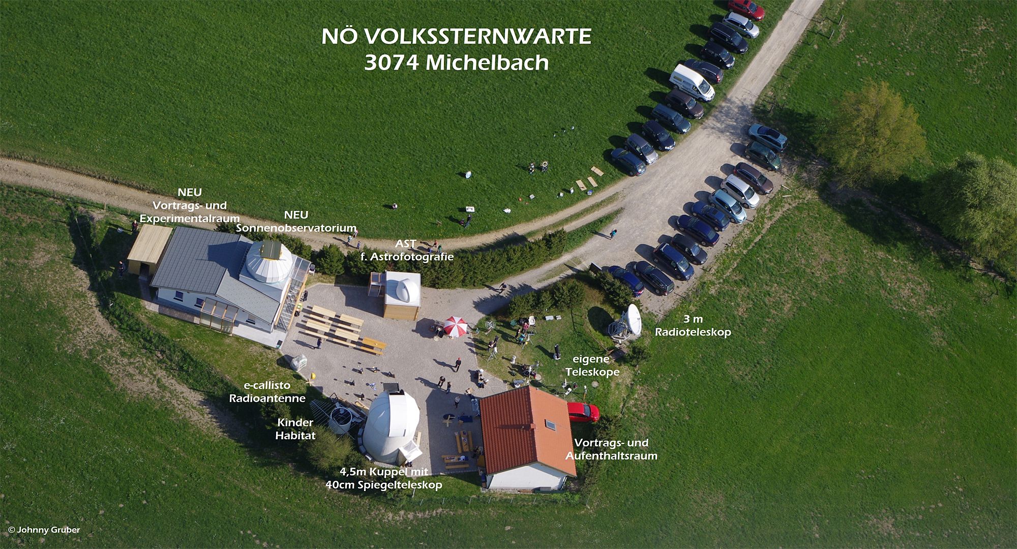 Légi felvétel a Michelbach-obszervatóriumról, épületekkel, távcsövekkel és parkoló autókkal.