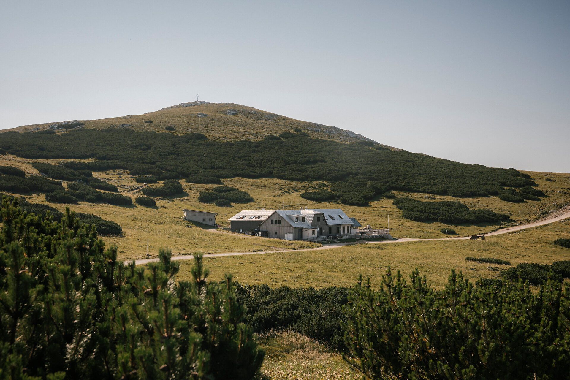 Kilátás a Schneeberg-hegyen álló Damböckházra, amelyet zöld alpesi rétek vesznek körül