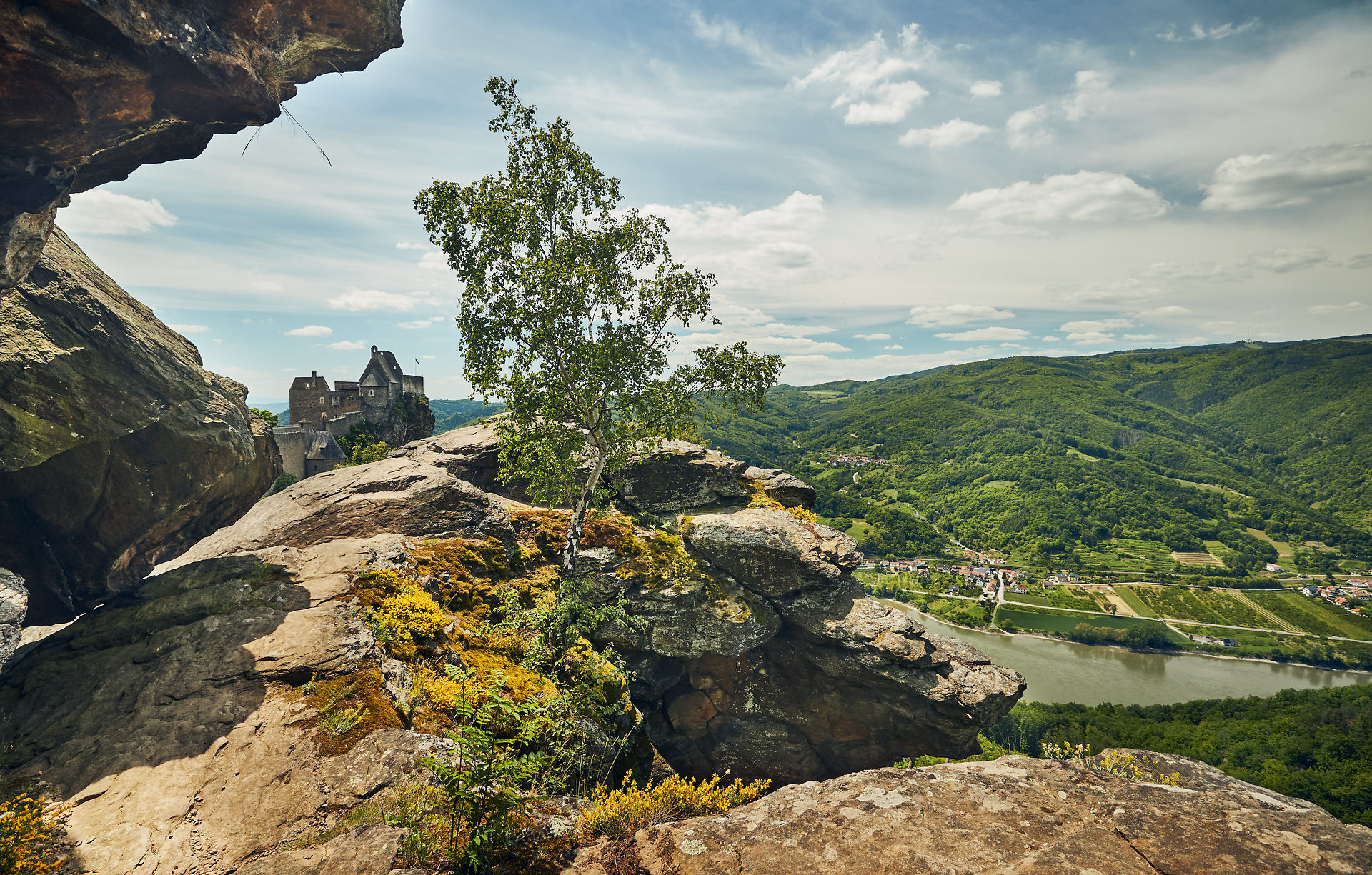 Die majestätische Ruine Aggstein thront über der Donau und bietet einen atemberaubenden Blick auf die umliegenden grünen Hügel. Hier, wo die Natur und Geschichte aufeinandertreffen, lädt die frische Bergluft dazu ein, die Seele baumeln zu lassen und die Schönheit des Dunkelsteinerwaldes zu genießen.