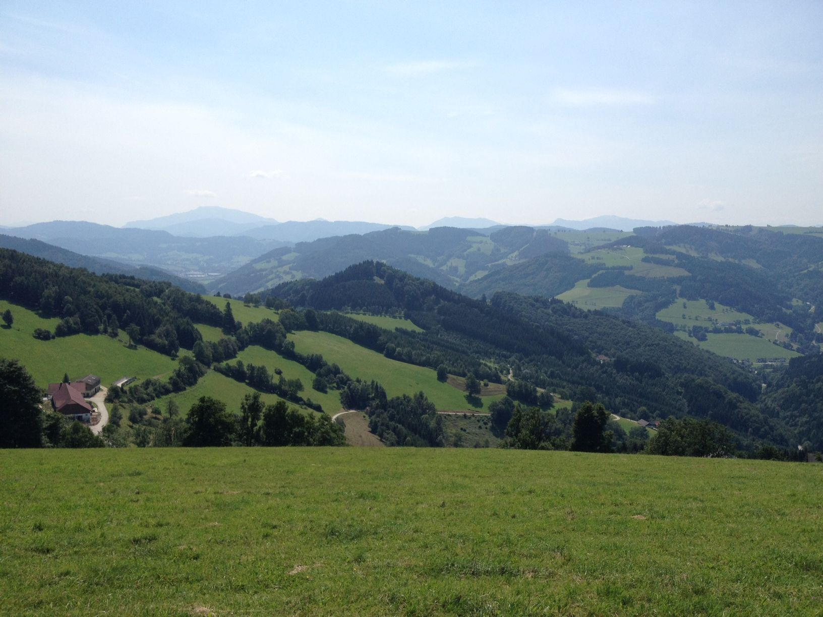 Panoráma egy dombos tájról, rétekkel és erdőkkel a kék ég alatt.