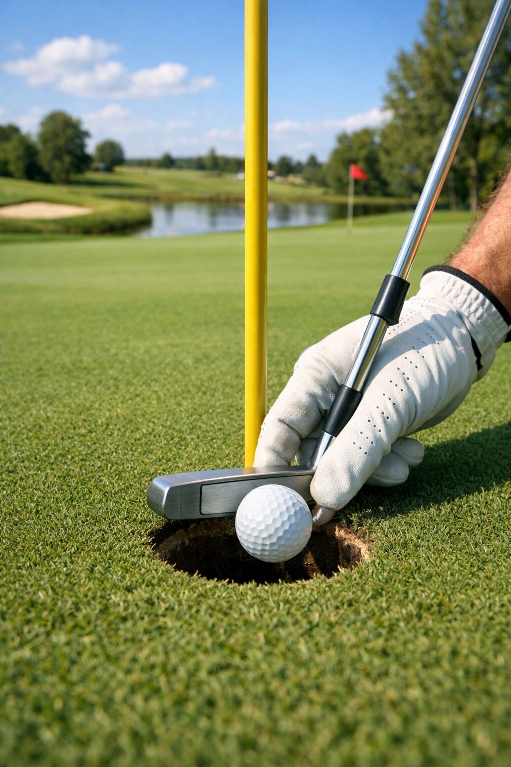 Egy kesztyűs golfozó egy sárga zászlórúddal ellátott, ápolt zöldön lévő lyukba helyezi a golflabdát.