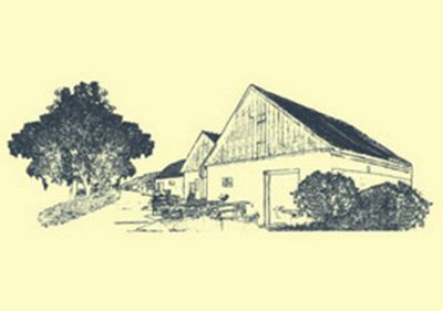 Vidéki épületek és fák rajza egy ösvényen.