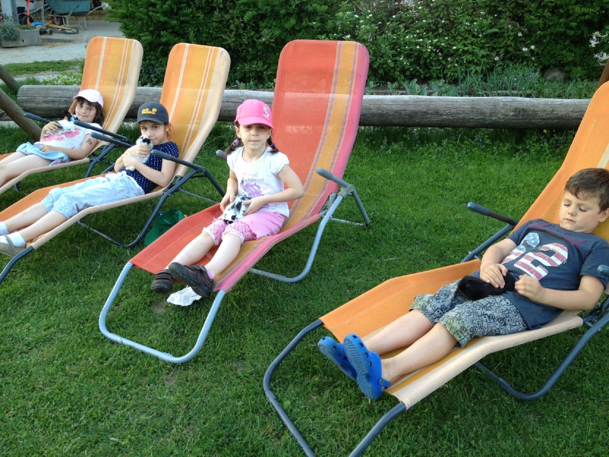 Négy gyerek fekszik a kertben a nyugágyakon, kezükben kis állatokkal.