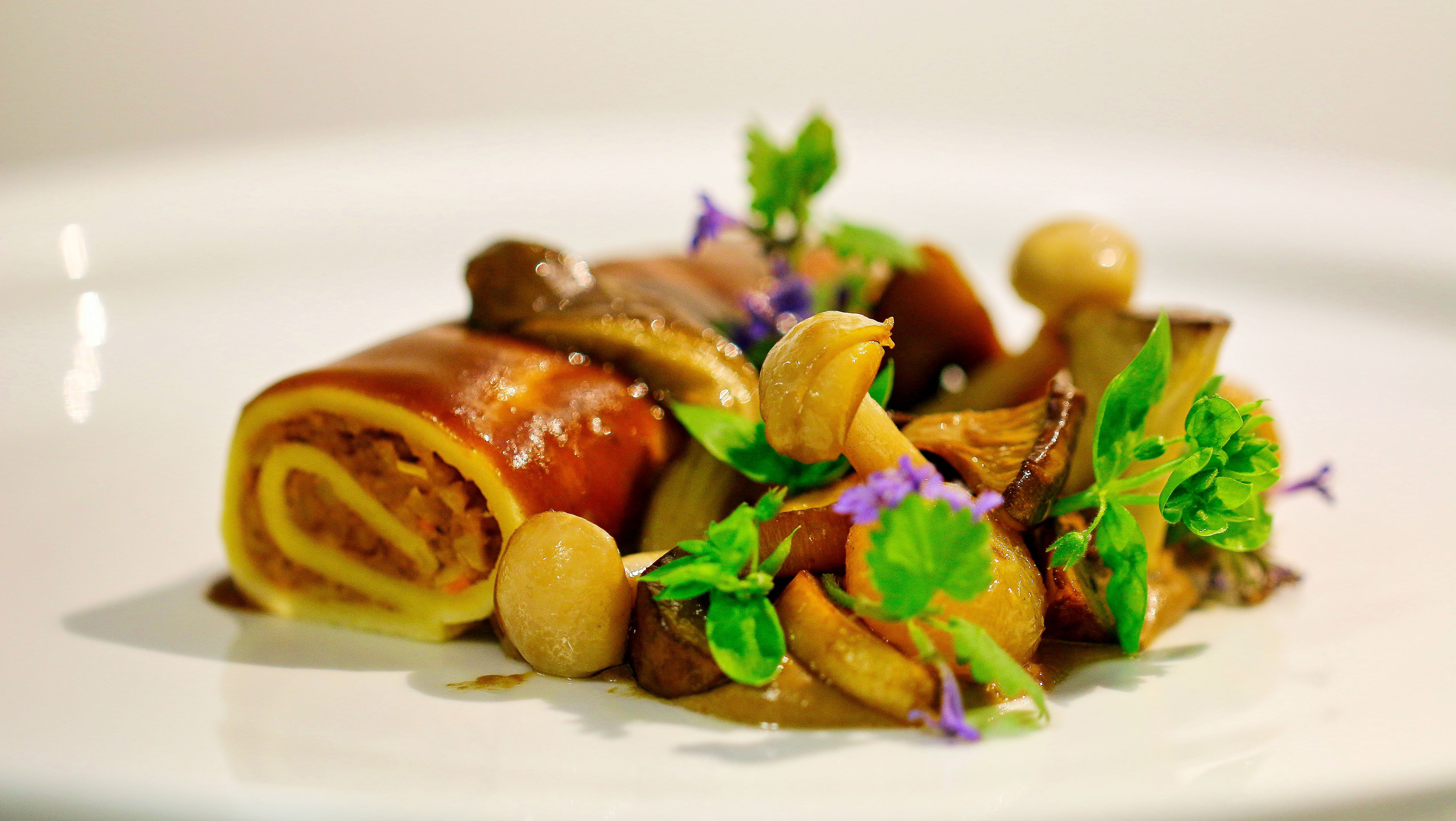 Gourmet étel gombával és friss fűszernövényekkel, fehér tányéron tálalva.