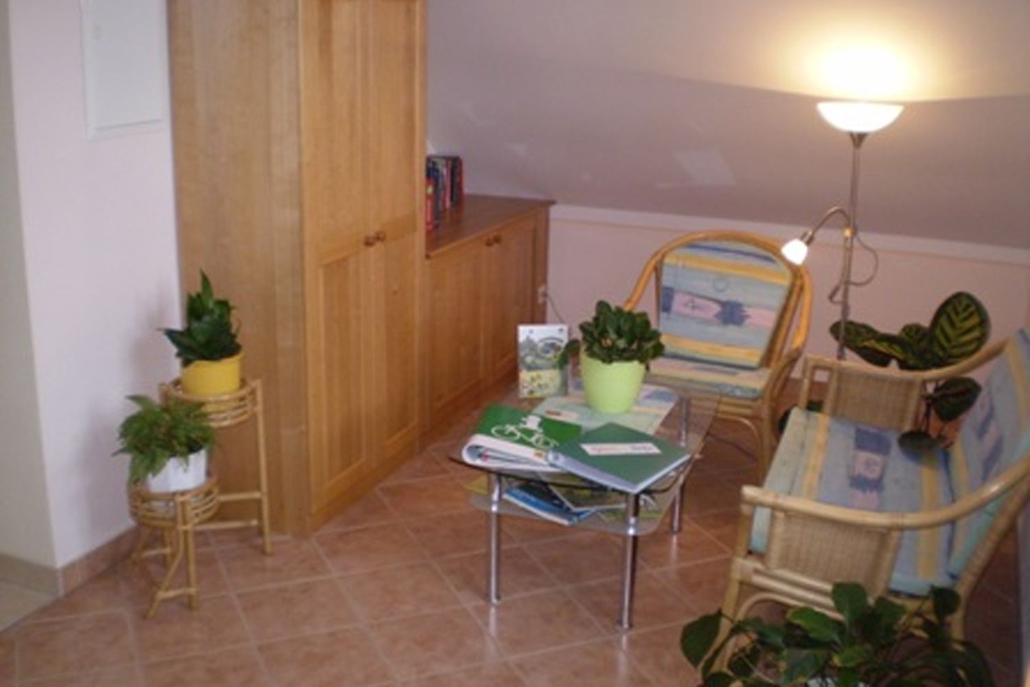 Hangulatos olvasósarok rattan bútorokkal, növényekkel és egy kis asztallal, melyen könyvek találhatók.