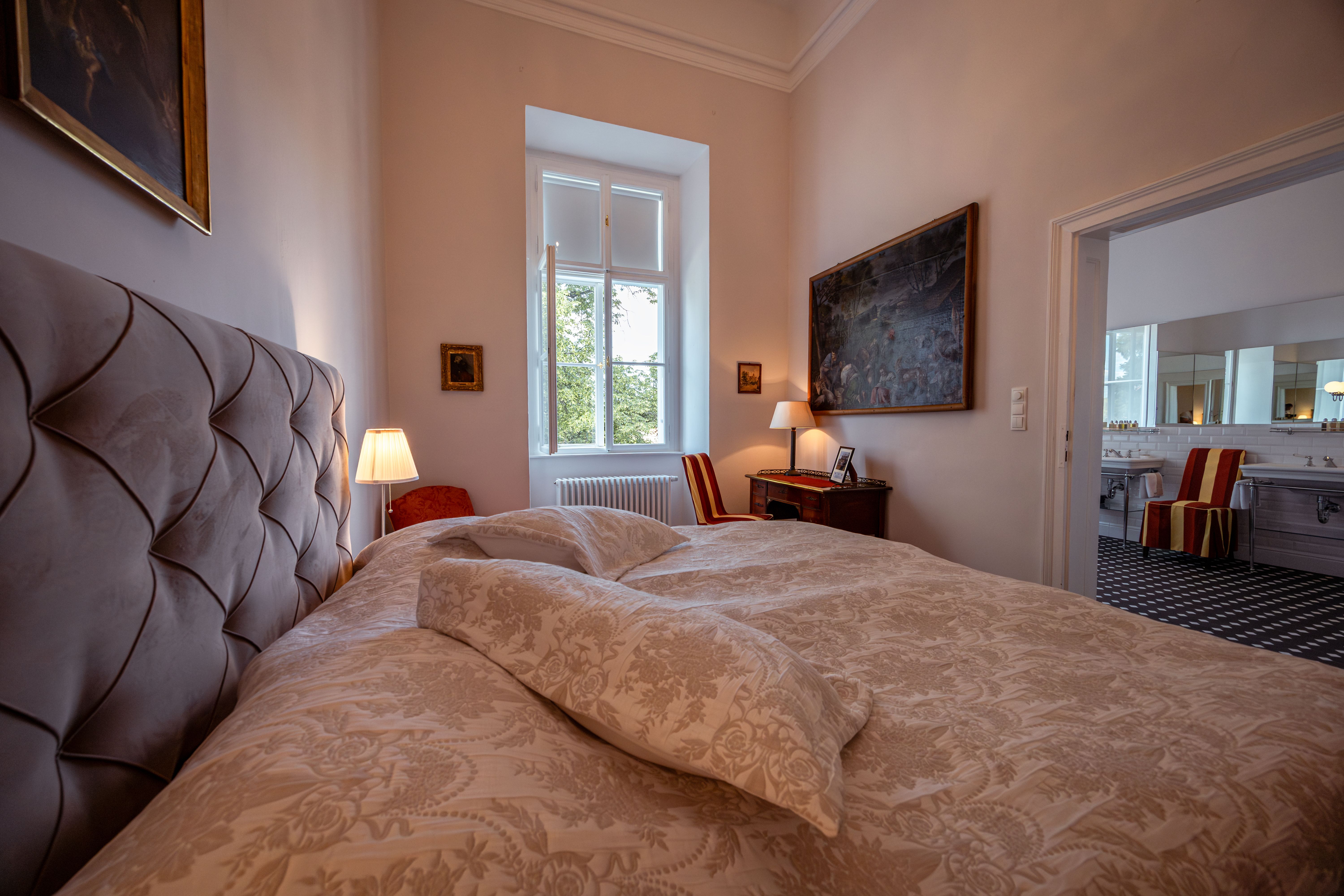 Légi felvétel a Horn-kastélyról, vörös tetővel és óratoronnyal, a háttérben fákkal és várossal.