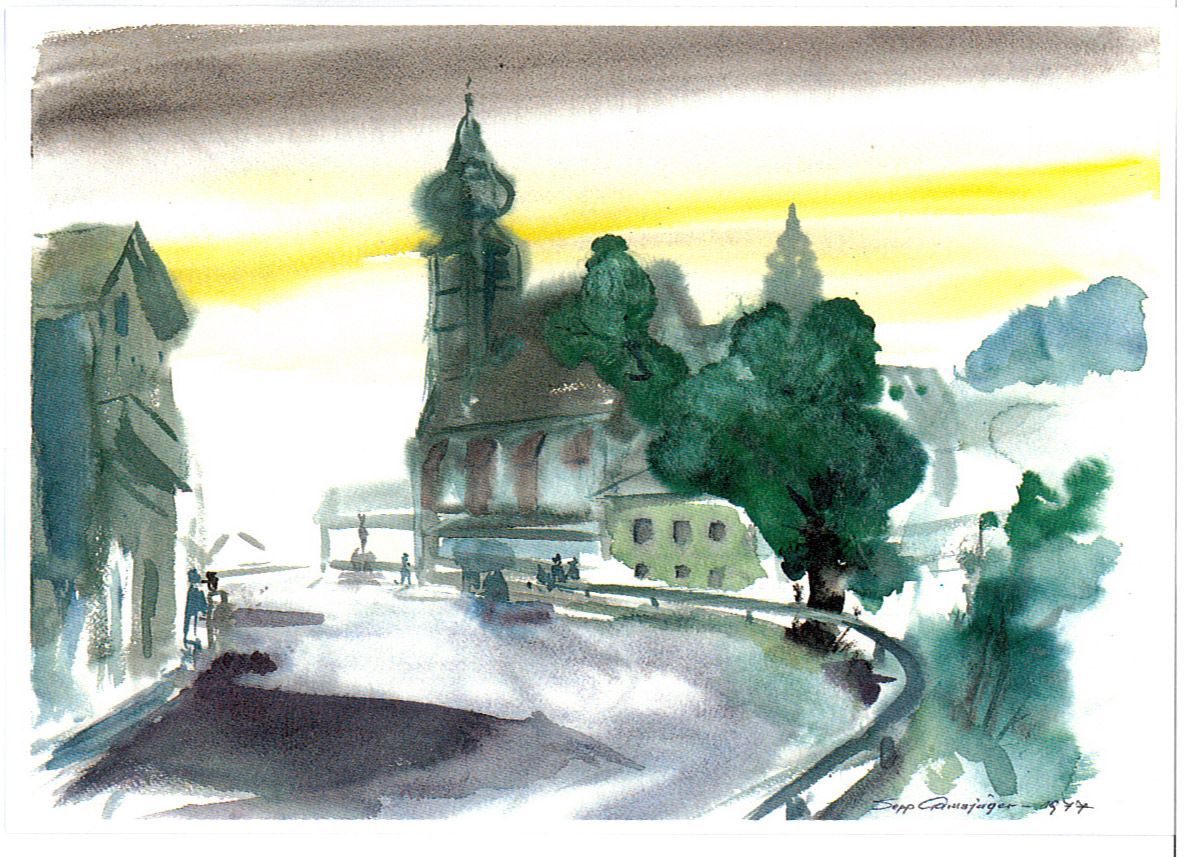 Akvarell egy városkép templommal és fákkal.