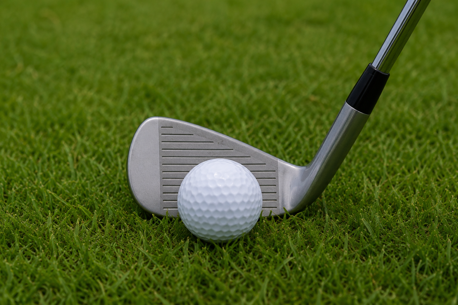 Egy golfütő és egy golflabda a zöld füvön.