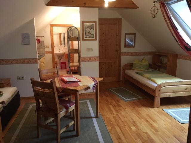 Hangulatos, fából készült bútorokkal, két ággyal, étkezőasztallal és tetőablakkal berendezett apartman.