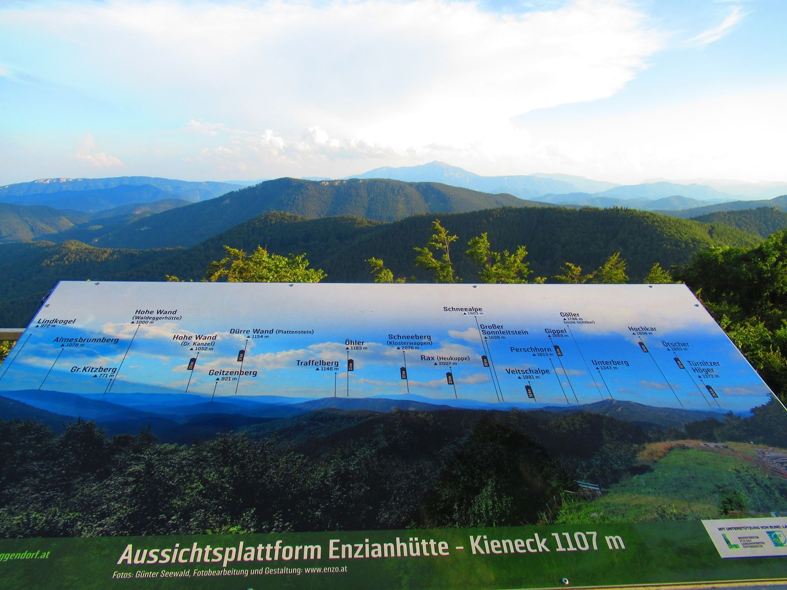 Panoráma az Enzianhütte kilátójáról, a környező hegyekről szóló információs táblával.