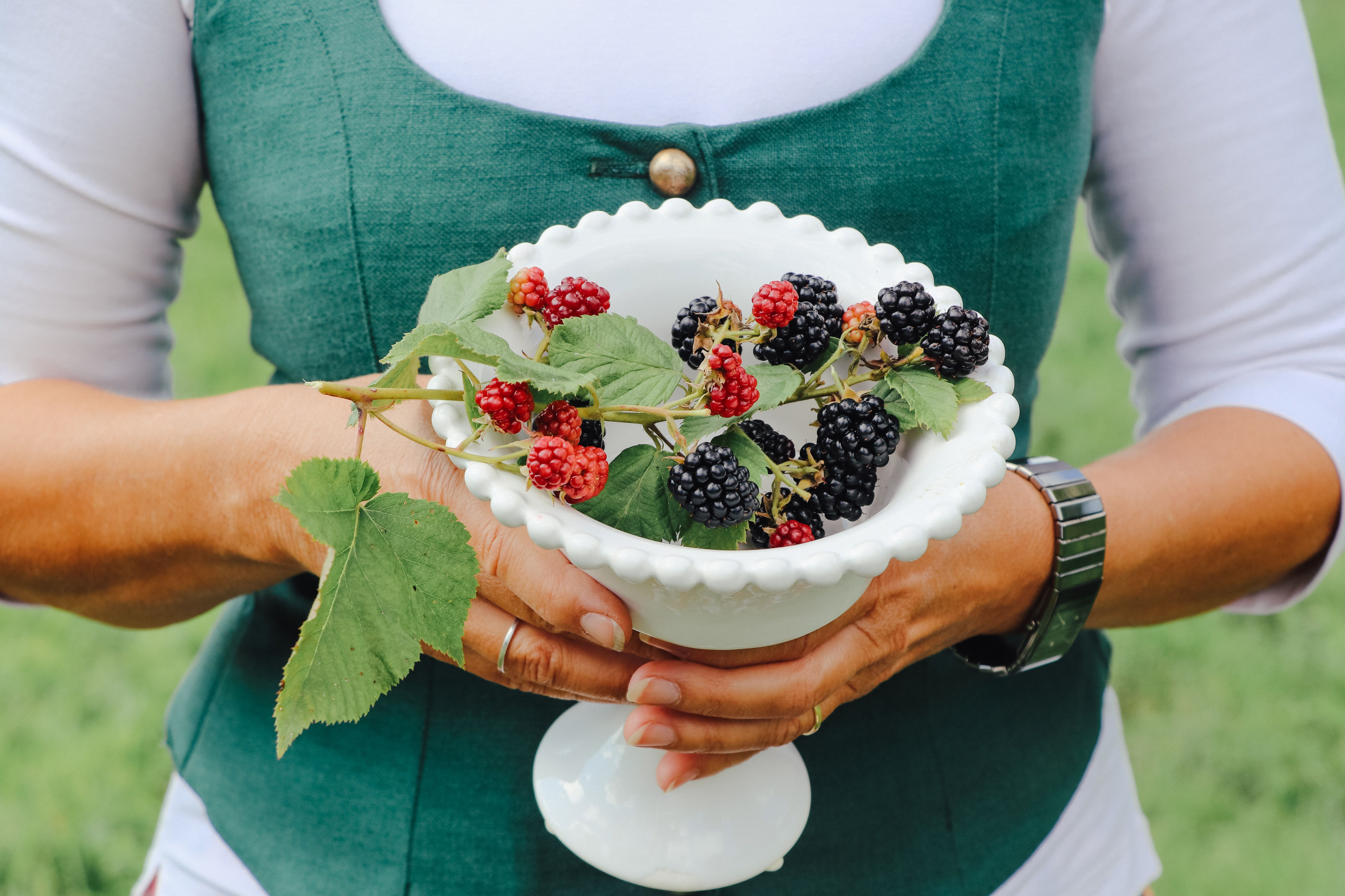 Az egyik személy kezében egy fehér tál szederrel és levelekkel.