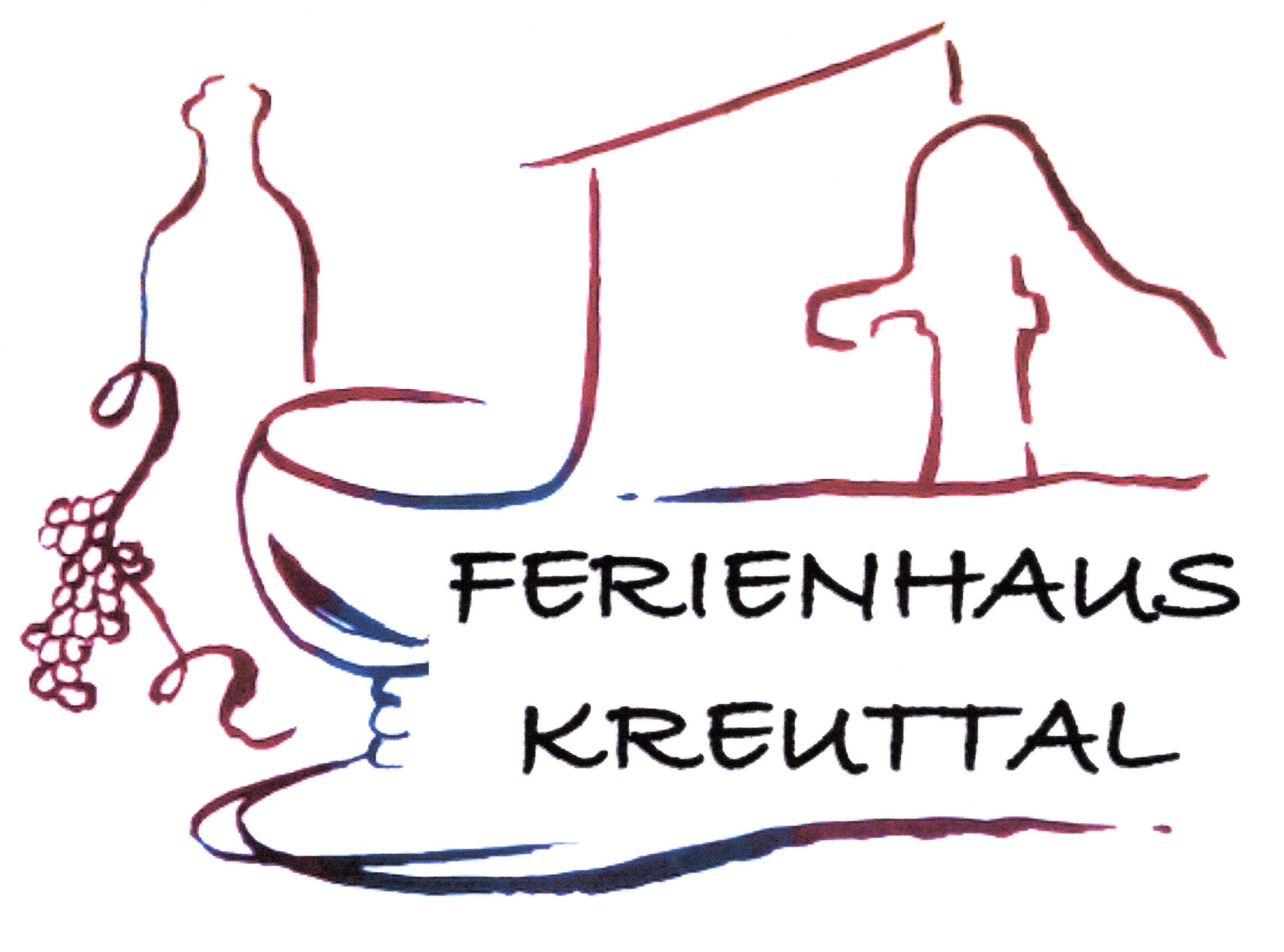 A Kreuttal nyaraló logója borosüveggel, szőlővel és ház körvonalaival.