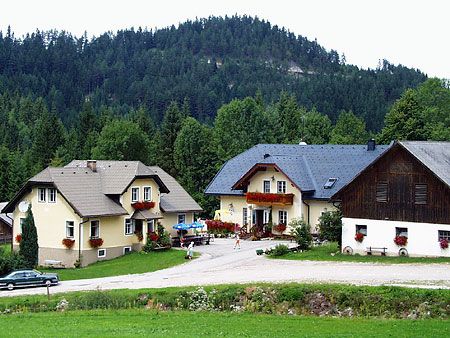 Három ház vidéki környezetben, a háttérben erdővel.