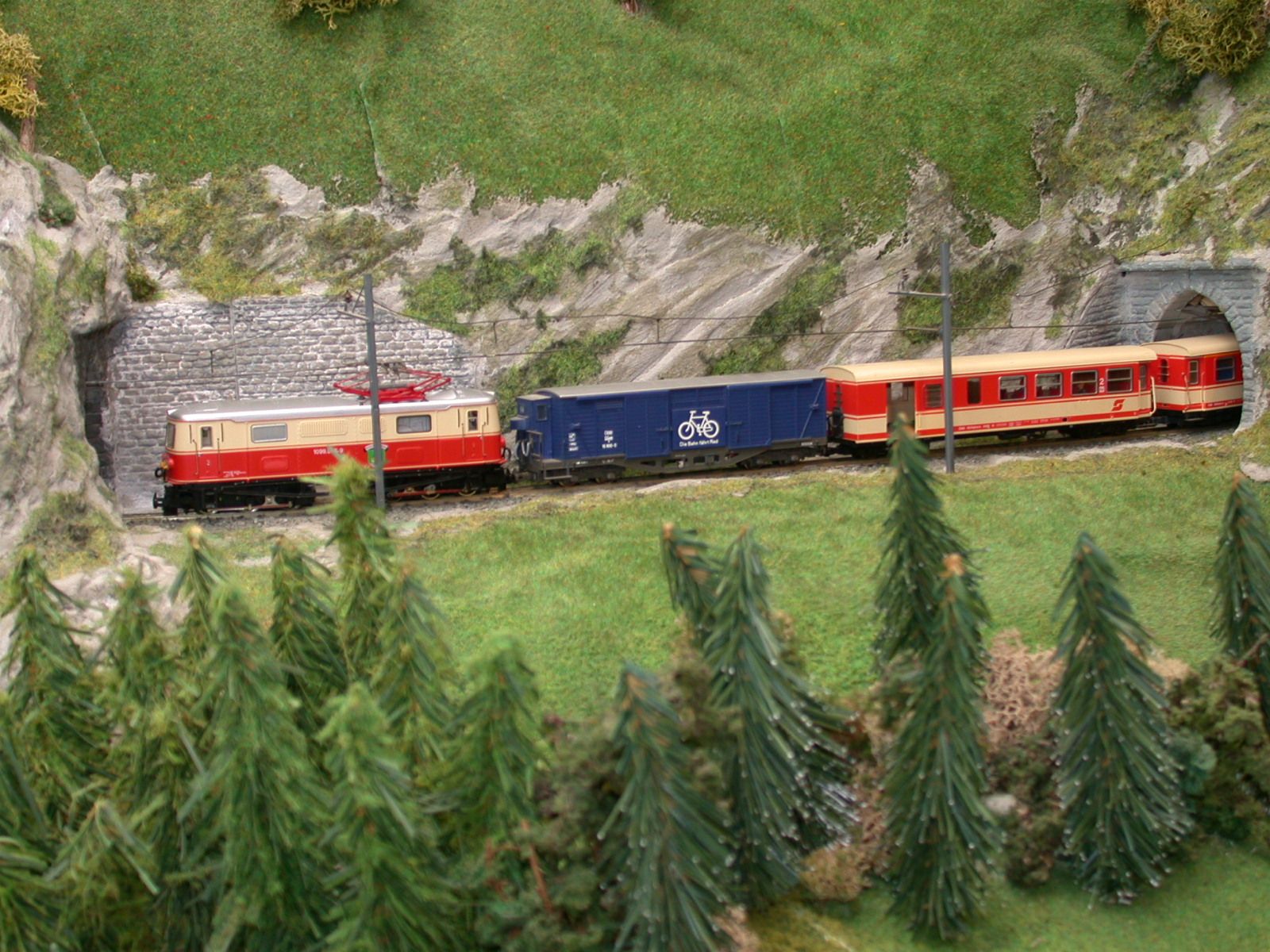 A modellvasút vonat egy alagút nyílásán keresztül halad át egy miniatűr tájképen, fákkal és sziklákkal.