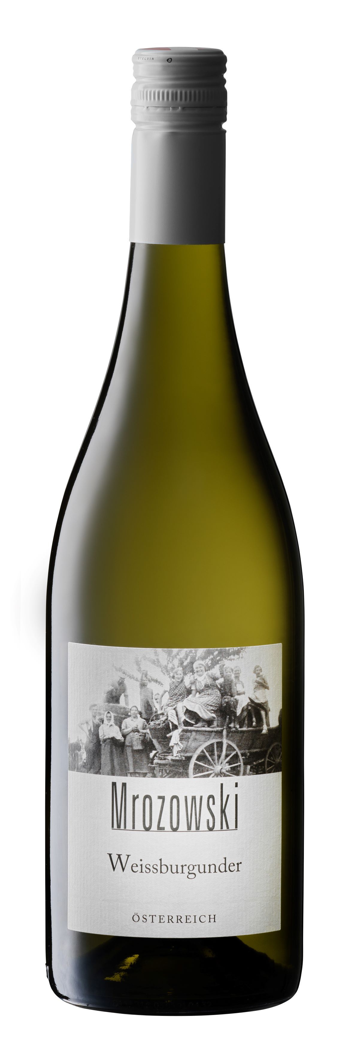 Borosüveg Mrozowski Pinot Blanc címkével és csavaros kupakkal.
