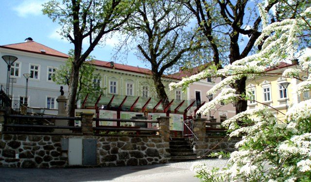 Történelmi épületek és virágzó fák Langschlagban.