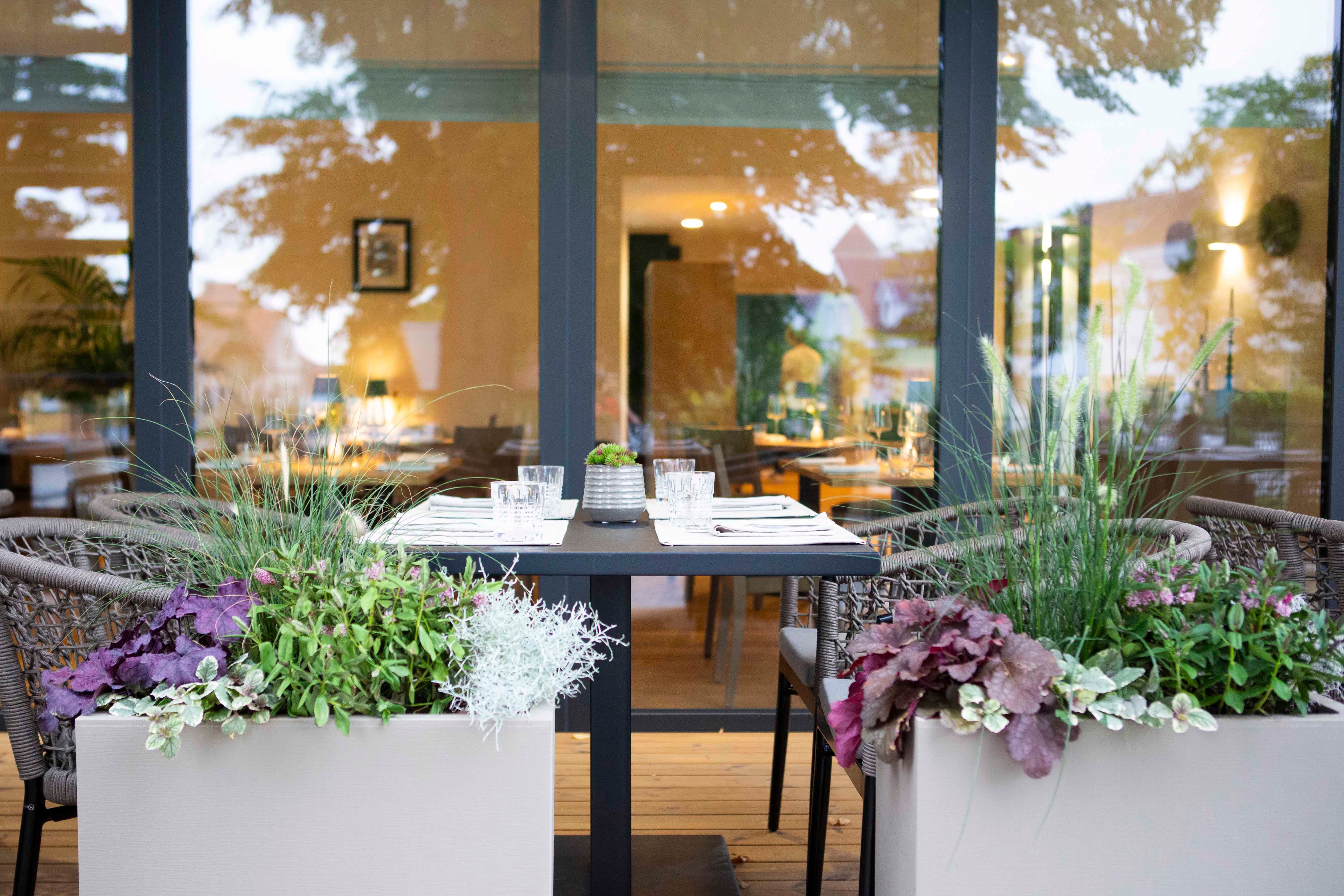 Terített asztal a teraszon növényekkel, kilátással az étterembe.