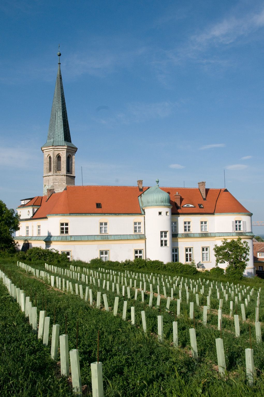 Gumpoldskirchen kastélya vörös tetővel és toronnyal, szőlőültetvényekkel körülvéve, kék ég alatt.