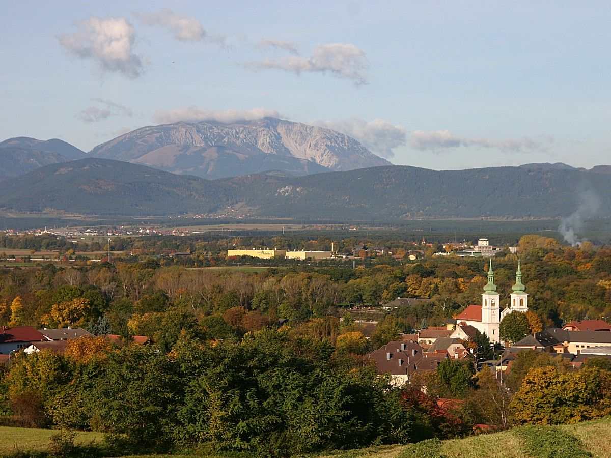 Schwarzau am Steinfeld panorámája, háttérben a templom és a hegyek.