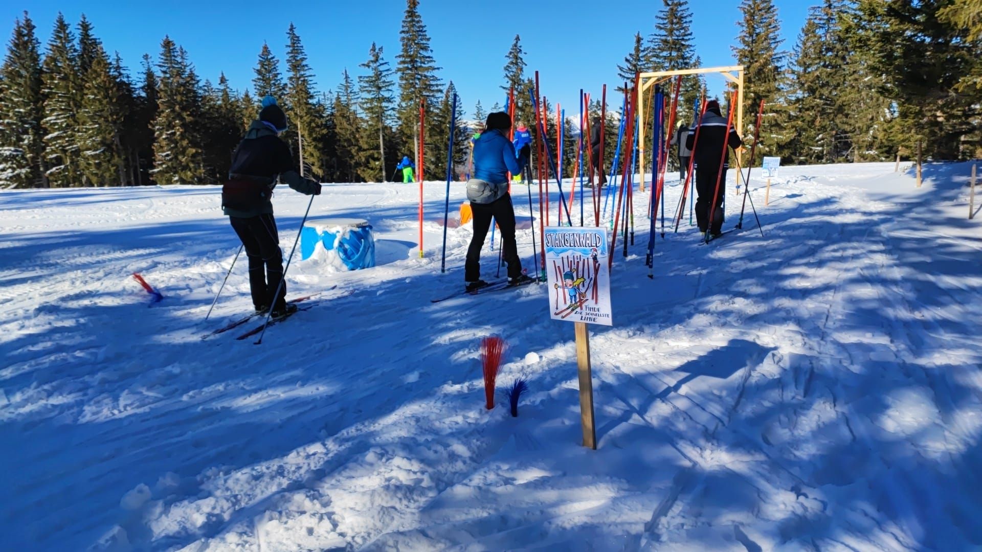 Síelők a Skills Parkban a Nordic Arénában, fákkal és hóval körülvéve.