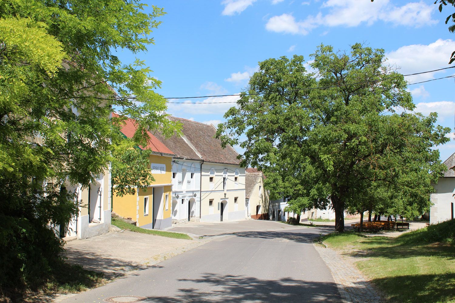 Csendes utca a Pincesor Straningban, fákkal és hagyományos épületekkel.