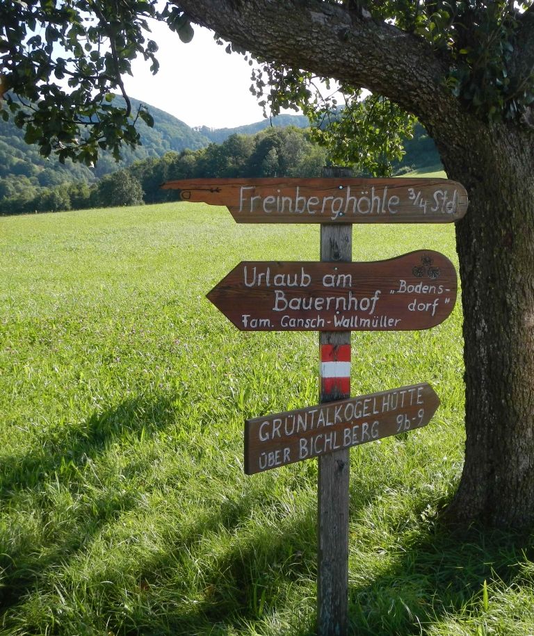 Tábla a Freinberg-barlanghoz és más célpontokhoz egy réten.