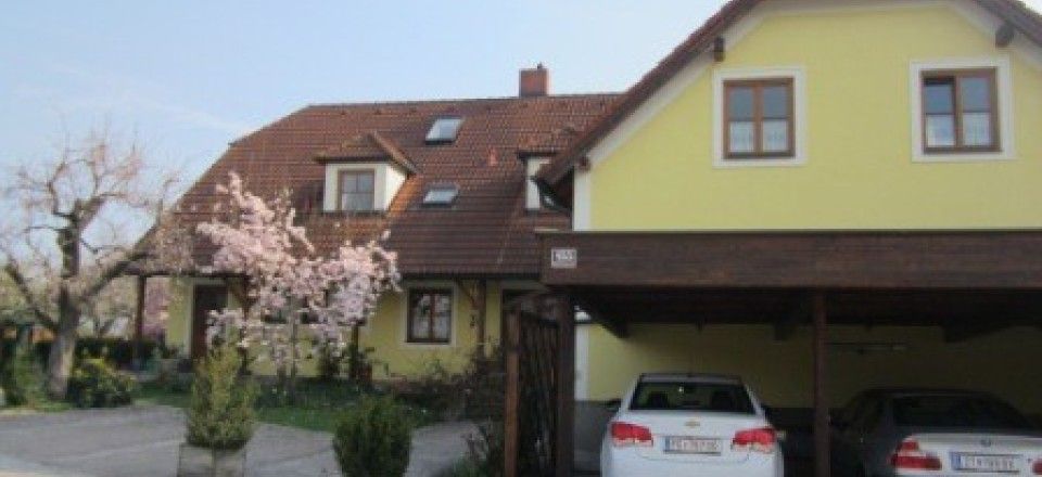 Sárga vendégház virágzó fával és két parkoló autóval.