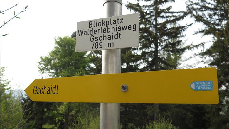 Tábla a Gschaidt erdei kalandút kilátópontjához, 789 m, sárga jelzéssel és a Bécsi Alpok logójával.